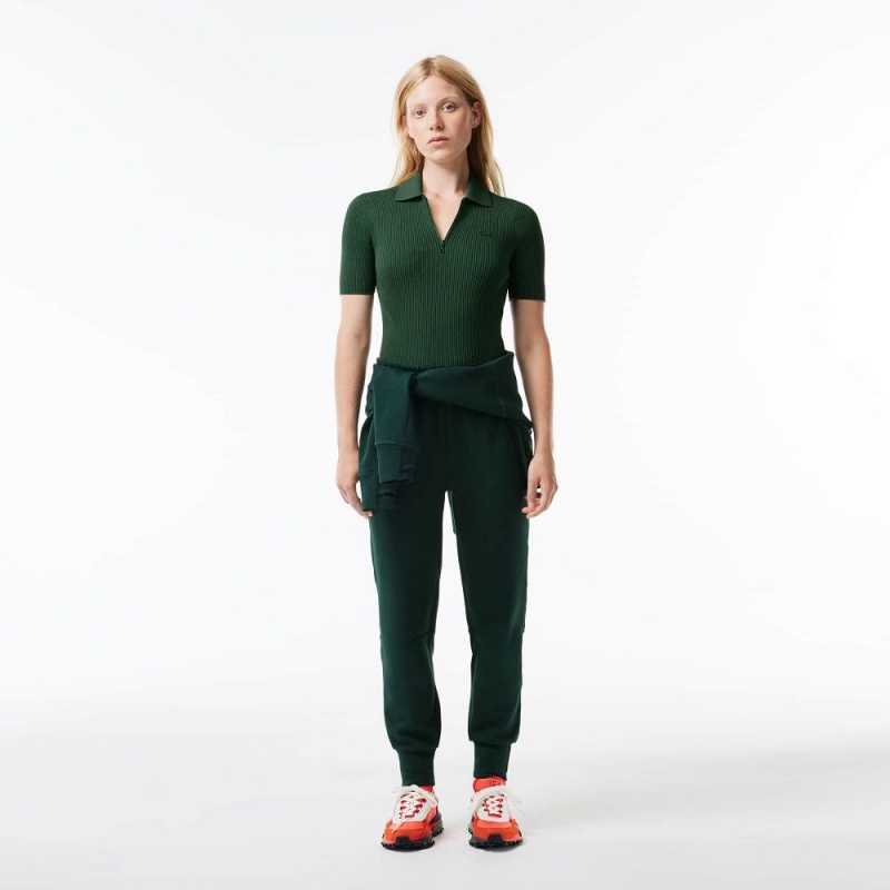 Women's Lacoste Zip-Up Knit Polo Sweater Dark Green | HQT602413