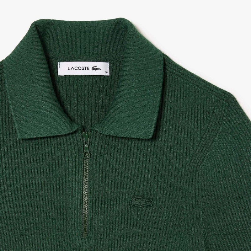 Women's Lacoste Zip-Up Knit Polo Sweater Dark Green | HQT602413