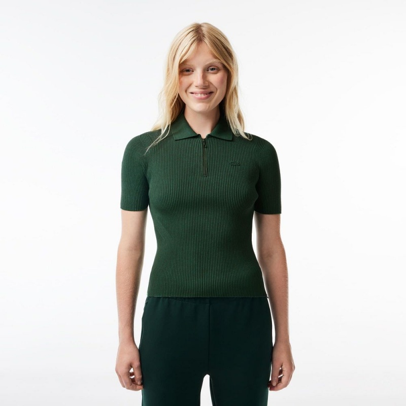 Women\'s Lacoste Zip-Up Knit Polo Sweater Dark Green | HQT602413